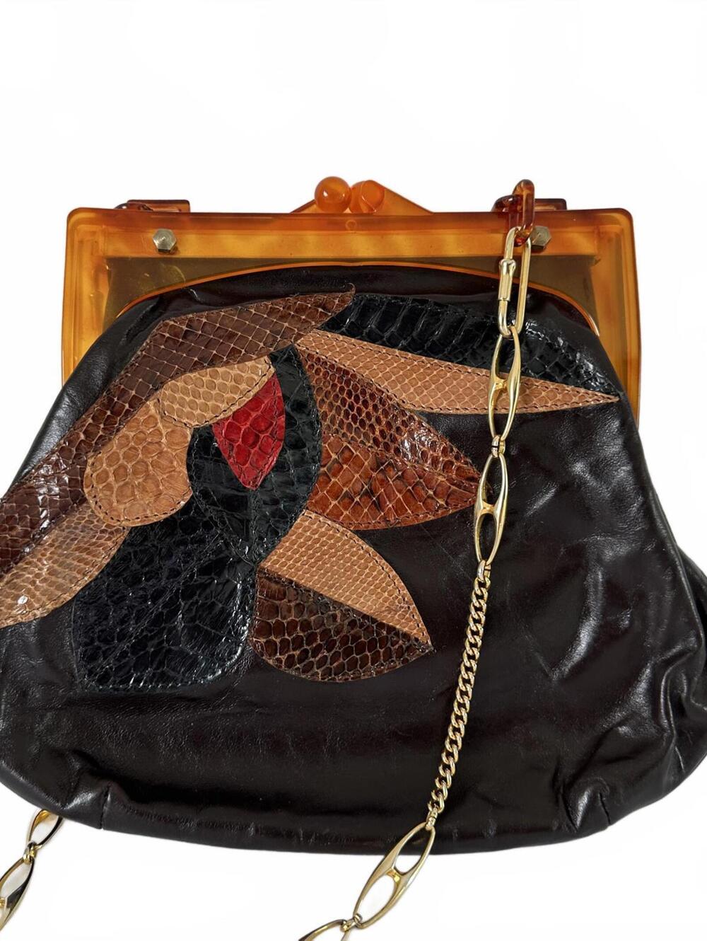 Vintage Leather Handbag with Floral Patchwork Celluloid Frame Made in France